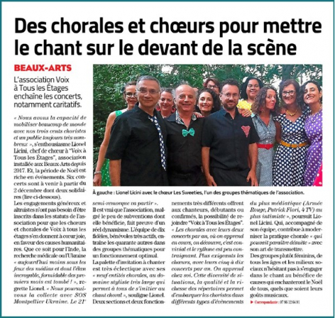 Se retrouvent dans cette association "Voix à tous les étages" celles et ceux qui aiment chanter mais aussi qui ont du coeur et le désir de partager